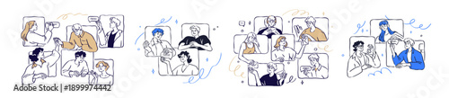 Online communication concept set. Team video calls, group chats, remote meeti...