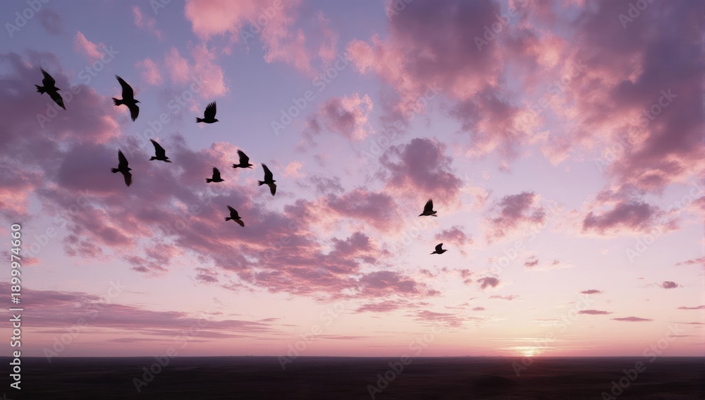Fototapeta premium Birds in flight against a pastel sky at dawn or dusk