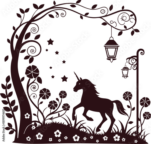 Unicorn silhouette in magical garden with lantern and flowers vector illustration