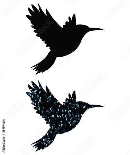 Flying Bird Silhouette and Polygonal Bird Design Isolated on White Background.