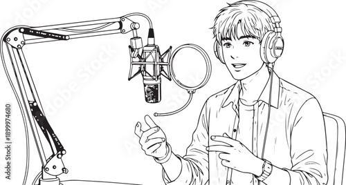 City lifestyle boy standing with e-scooter, black and white illustration