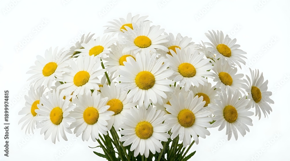 Fototapeta premium Fresh white daisy bouquet with bright yellow centers on clean background for spring decorations and floral arrangements.