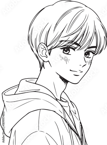 Tourist boy waiting with luggage bag, travel concept line art