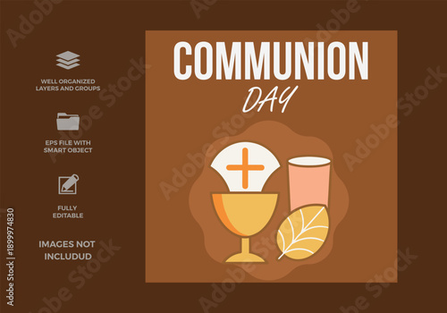 A graphic design for communion day featuring a chalice, host, and wine glass on a brown background