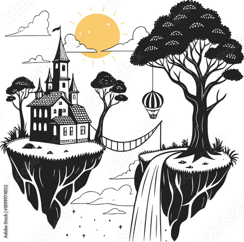 Whimsical fantasy landscape vector with floating islands waterfall and medieval building