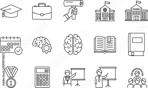 Education and learning icons featuring graduation cap briefcase diploma school building brain and books