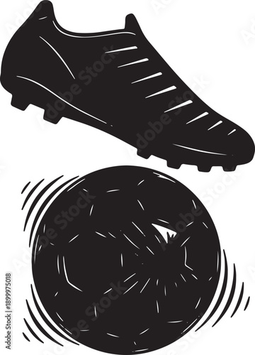 Black Soccer Cleat and Ball Silhouette Isolated on White