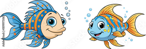 Two cute cartoon fish swimming underwater with bubbles symbolizing friendship, marine life, and playful ocean characters isolated on white background for children and stock illustration use