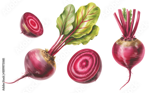 Fresh beetroot vegetables with cut sections and foliage painted in natural watercolor style.
