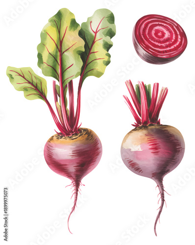 Fresh beetroot vegetables with cut sections and foliage painted in natural watercolor style.

