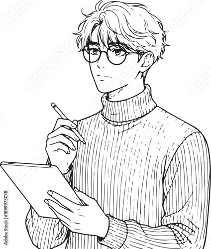 Surfer boy posing with board ready for beach, summer sketch