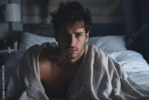 Young man staring intensely, wrapped in a blanket, waking up in a dark bedroom