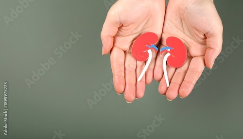 Celebrating world kidney day a close-up of a person's cupped hands holding a red kidney symbol on a gray background