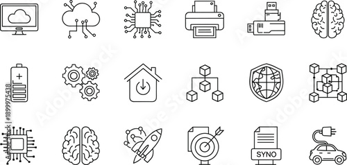Technology and digital innovation icons showing computer cloud network processor printer usb and brain connectivity