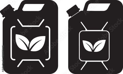 Two black jerry cans with green leaf icon, symbol for eco-friendly fuel or biofuel