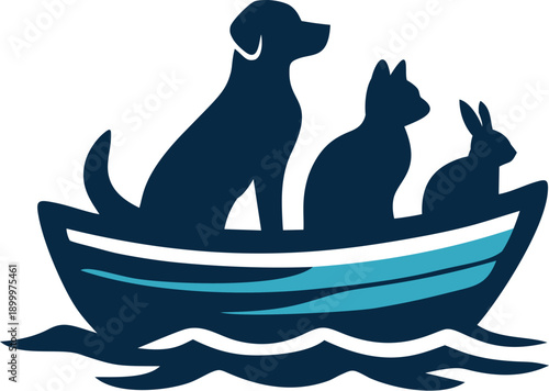 Illustration of Dog, Rabbit and Cat on a blue boat