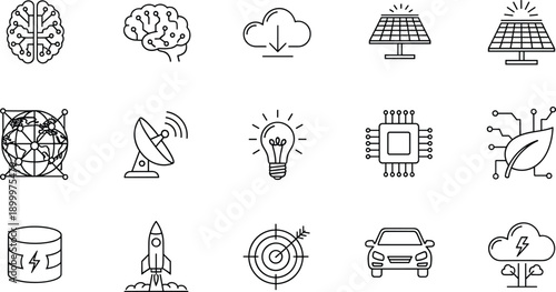 Collection of modern technology and innovation line art icons on transparent background for digital use