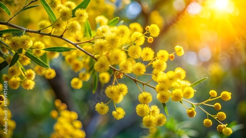 Bright yellow golden wattle blossoms on slender green branches, Australian bushland background, warm sunlight, macro botanical photography, crisp detail