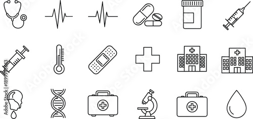 Medical equipment and healthcare icons set showing stethoscope heart rate medicine bottles syringes and hospital lab