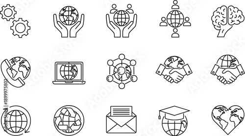 Global community icons representing international business cooperation ecology education and worldwide communications net