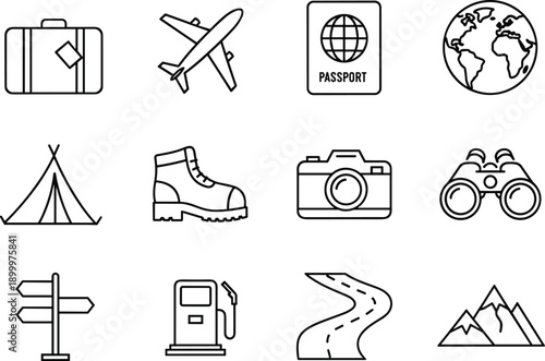 Minimalist linear travel icons showing luggage airplane passport globe camping gear camera and binoculars for tourism