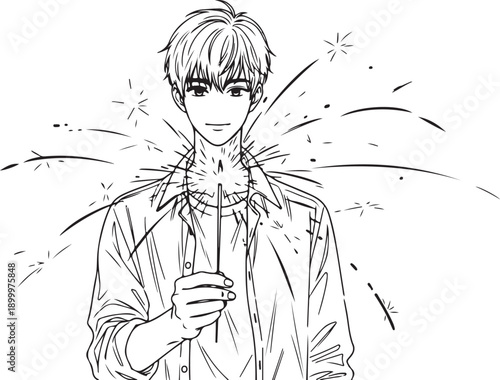 Anime style boy using DJ mixer, music producer sketch