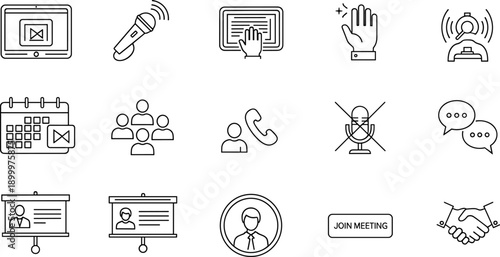 Professional outline icons for video conferencing online meetings and digital communication tools for business remote