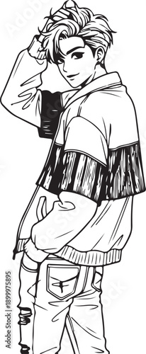 Anime style chef boy whipping batter with whisk, cooking drawing