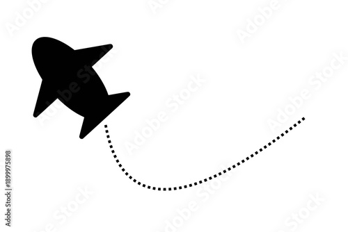 illustration of a black airplane silhouette following a dashed line path