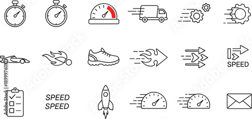 Speed and performance efficiency linear icon set with stopwatch speedometer fast delivery truck and rocket symbols