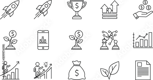 Financial growth and business strategy icons showing investment success and profit progress with money bag and charts