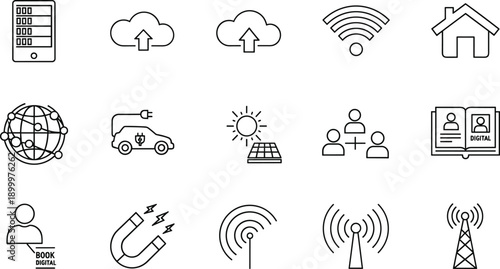 Set of line icons for digital technology and smart home systems representing cloud connectivity and data networking