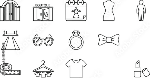 Fashion retail boutique elements with mannequin clothing hanger ring eyeglasses lipstick measuring tape and dress set