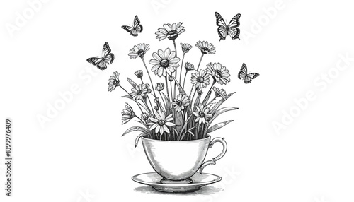 Flowers in teacup with butterflies black and white illustration vector drawing