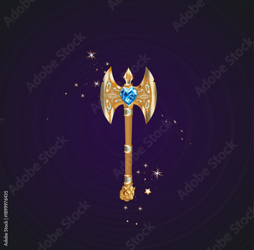 Fantasy Golden Axe with Gemstones
