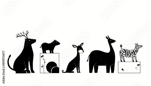 Black animal silhouettes on boxes silhouette box white background illustration