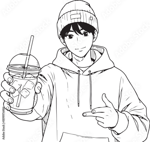 Anime style boy holding gym tumbler, fitness lifestyle sketch