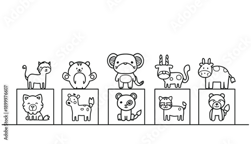 Cute animals on blocks line art cartoon illustration vector drawing kids