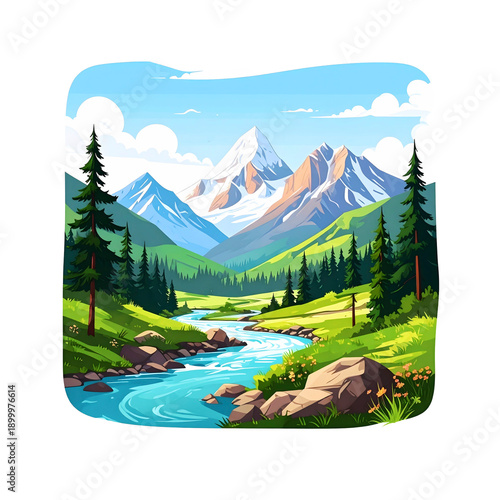 A stunning summer landscape of lush green Alps, featuring clear rivers and streams reflecting the image of towering snow-capped peaks.
