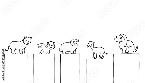Dogs on pedestals line drawing animal illustration dog family simple outline