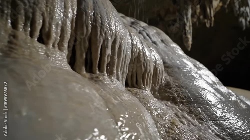 Flowstone Cascade Glistening Medium shot, showcasing a larger section of a flowstone formation with visible wetness and a soft, luminous sheen.