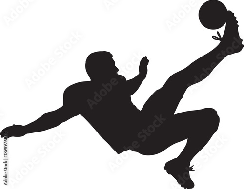 Soccer Player Silhouette Kicking Ball Mid-Air Isolated on White
