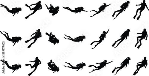 Abstract falling human silhouettes set, people floating tumbling vertical freefall motion poses, black figures pattern isolated on gray background illustration