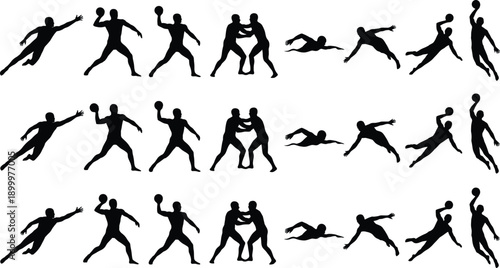 Abstract falling human silhouettes set, people floating tumbling rotating freefall motion poses, black figures pattern isolated on gray background illustration