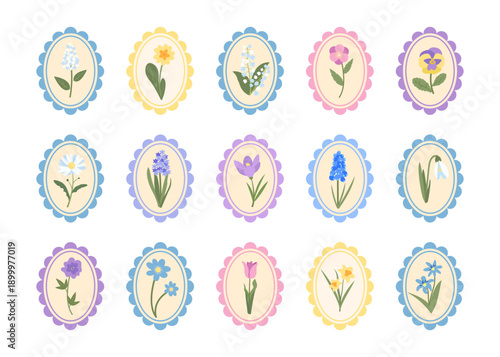 Cameo Set Elements with Different Spring Flowers. Vector Illustrations Vintage Retro Cameo Pattern with Cute Flowers in French Victorian style. Design for Fabric, Paper, Card, Invitation, Sublimation 