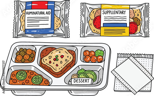 Drawn representation of a served cafeteria meal tray with labeled packaged food aid and a napkin set nearby.