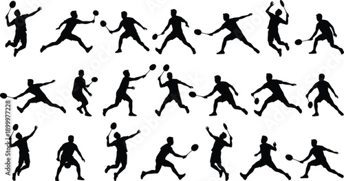 Abstract falling tennis player silhouettes set, athletes tumbling jumping swinging racket freefall motion poses, black figures isolated on gray background illustration