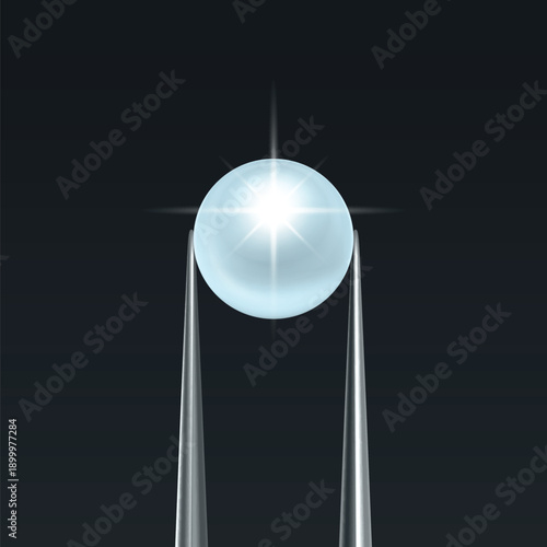 Vector Jewelry Tweezers Holding Blue Pearl on Black Background. Luxury Pearl Jewelry Banner, Elegant Pear Template for Jewelry Store, Fashion Accessory, Gemstone Design, Precious Stone Decoration