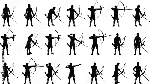 Archery archer action silhouettes set, athletes aiming shooting bow dynamic sport poses, black figures isolated on gray background illustration