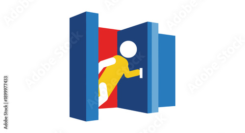 Running Man Icon: Abstract Passage Through Doorway. Vector Graphic Representing Exit, Access, Opportunity, or Rush.